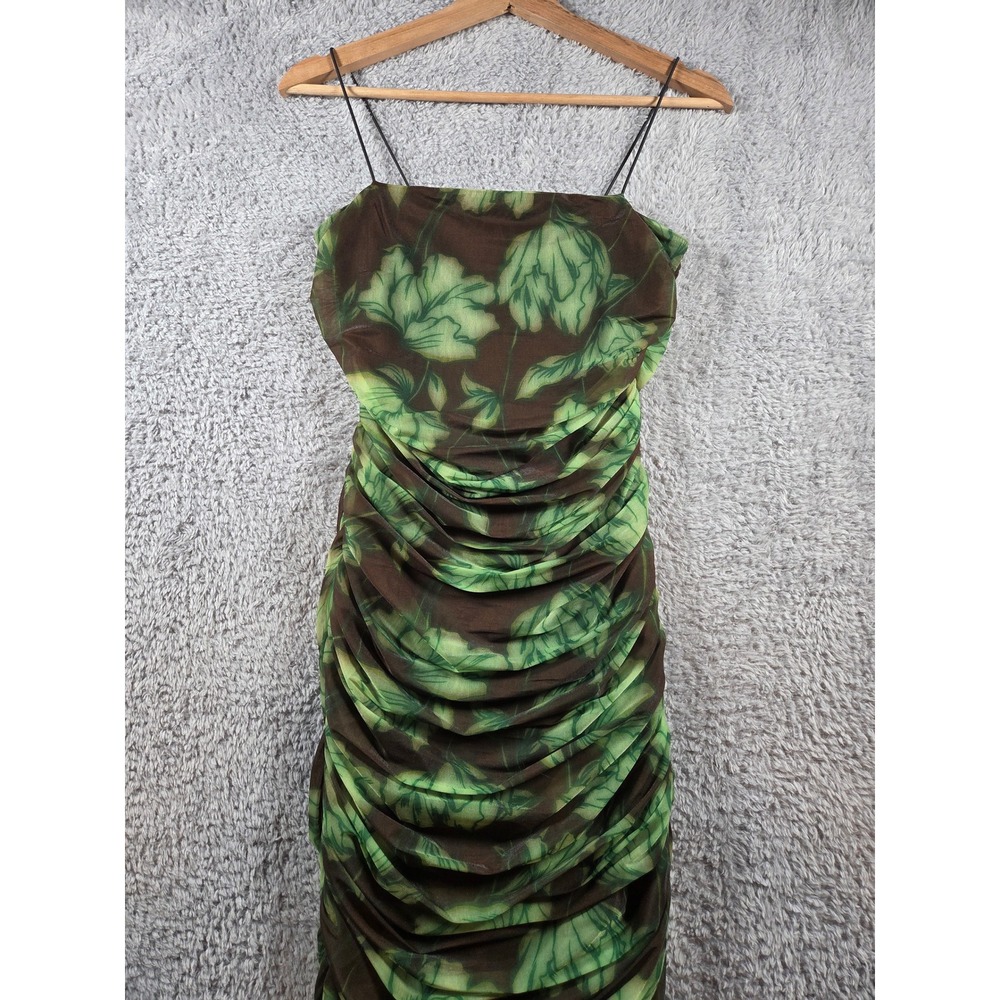 Future Collective Brown Green Floral Ruched Spaghetti Bodycon Midi Dress Women